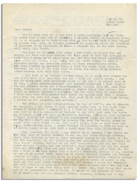 Hunter S. Thompson Letter Signed, With Fantastic Big Sur Content -- ''...that thing that Mr. Gatsby had, that thing that seems now to be permanently out of stock, 'a sense of the promise of life'...''
